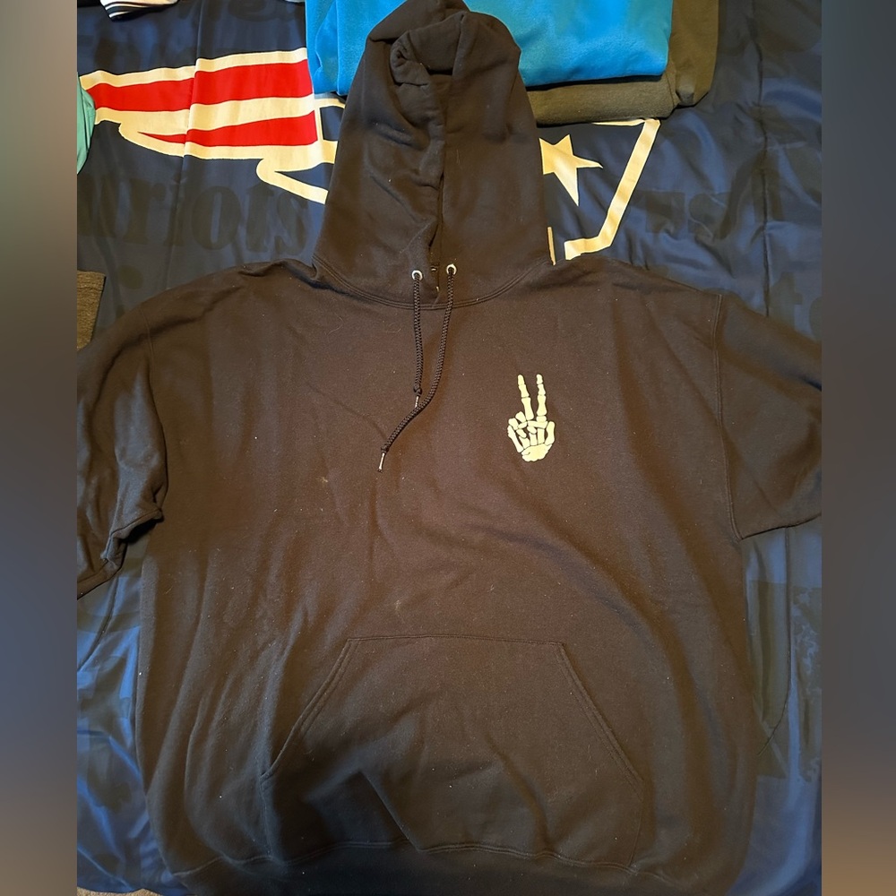 Bowery Supply hoodie with skull hand peace sign